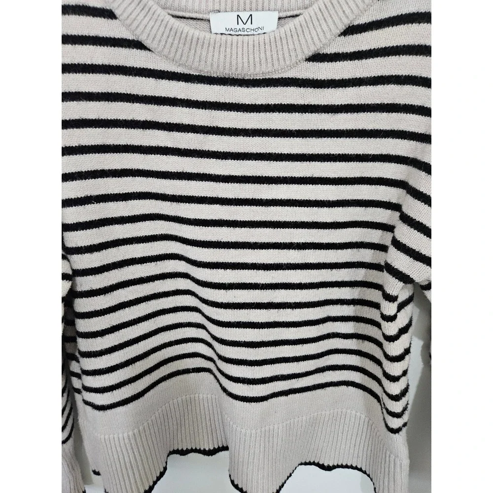 Magaschoni Womens Striped Knit Sweater Gold Shoulder Buttons‎ Beige Black L/G